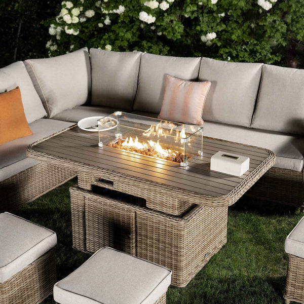 Hampshire Large Corner Round Wicker Rattan Casual Dining Set with Rising Firepit Table, Natural