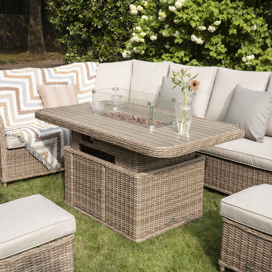 Hampshire Round Wicker Casual Dining Set with Rising Firepit Table ...