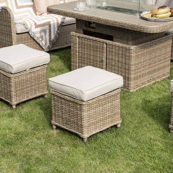 Hampshire Large Corner Round Wicker Rattan Casual Dining Set with Rising Firepit Table, Natural