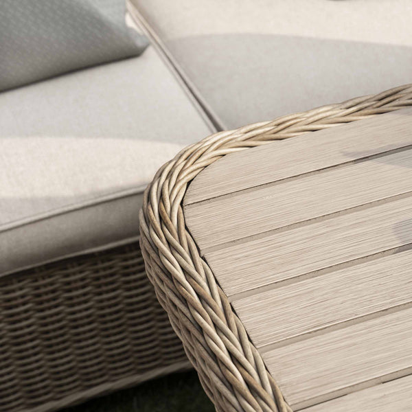 Hampshire Large Corner Round Wicker Rattan Casual Dining Set with Rising Firepit Table, Natural