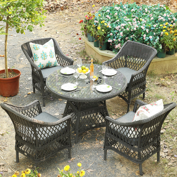 Willowbrook Lattice Weave Rattan 4-Seater Round Dining Set, Dark Grey