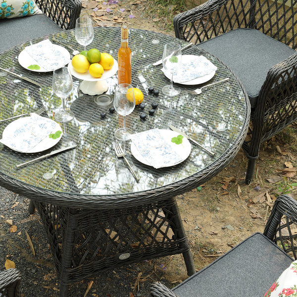 Willowbrook Lattice Weave Rattan 4-Seater Round Dining Set, Dark Grey