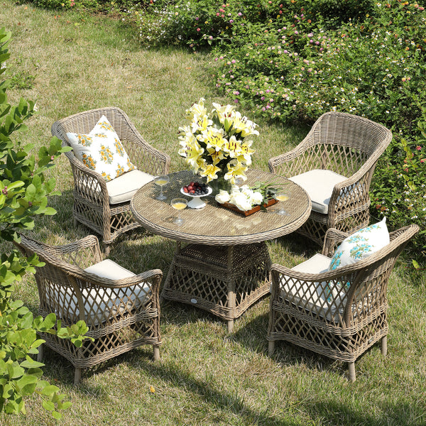Willowbrook Lattice Weave Rattan 4-Seater Round Dining Set, Natural