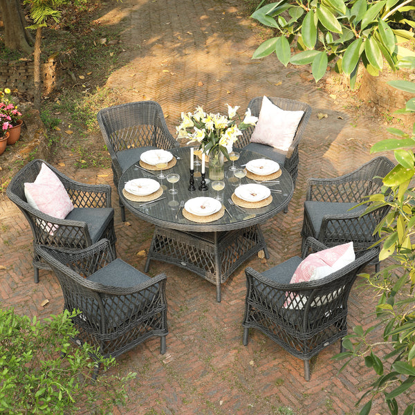 Willowbrook Lattice Weave Rattan 6-Seater Round Dining Set, Dark Grey