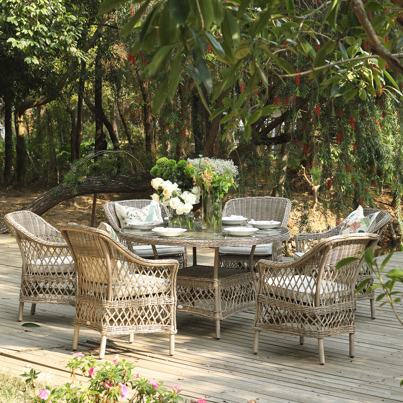 Willowbrook Lattice Weave Rattan 6-Seater Round Dining Set, Natural