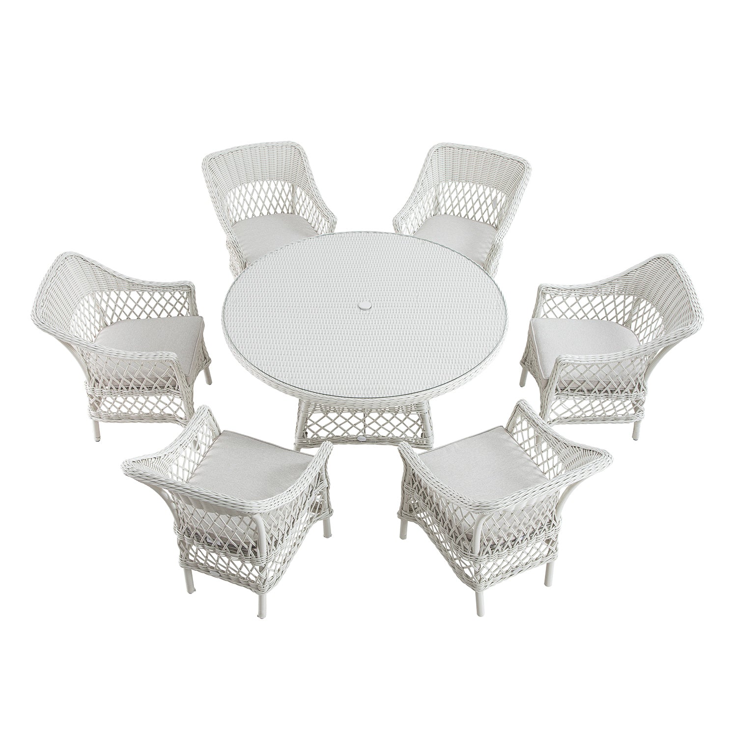 Willowbrook Lattice Weave Rattan 6-Seater Round Dining Set, White