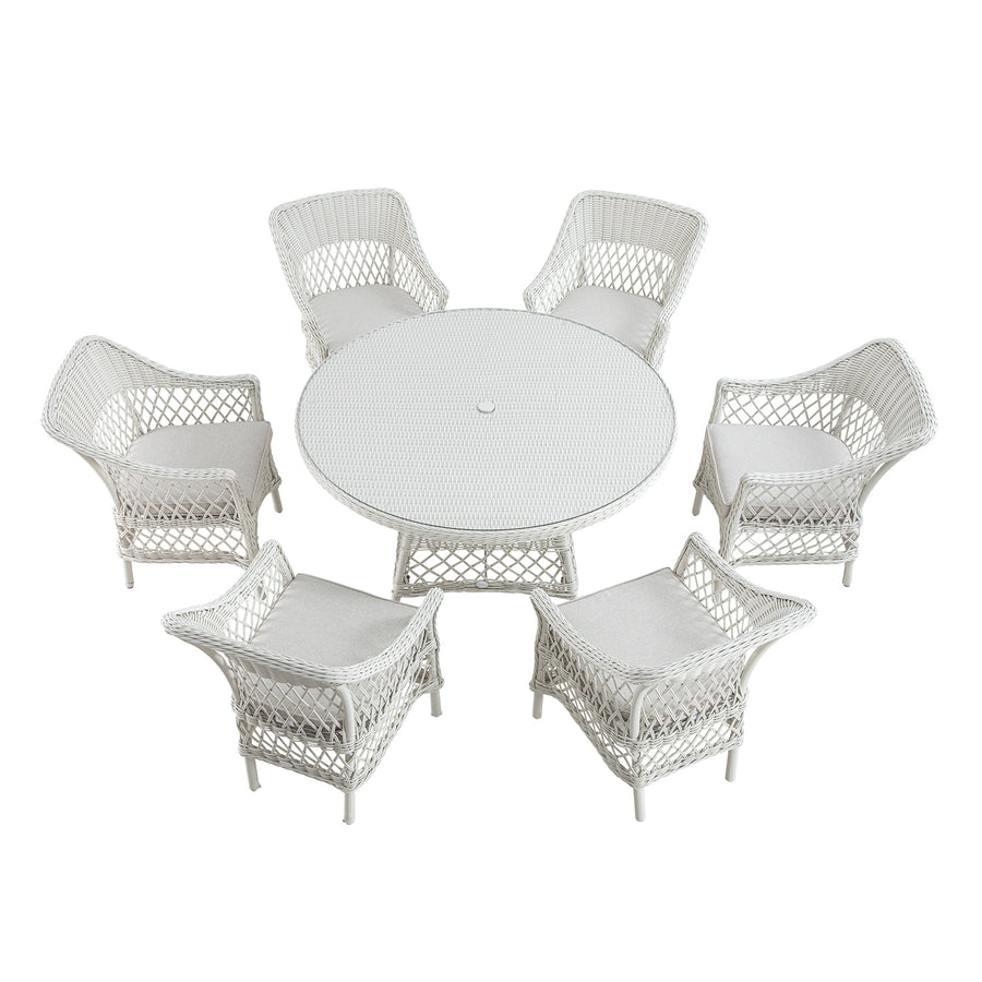 Willowbrook Lattice Weave Rattan 6-Seater Round Dining Set, White