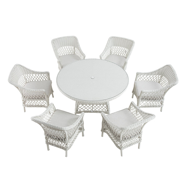 Willowbrook Lattice Weave Rattan 6 - Seater Round Dining Set, White - daals