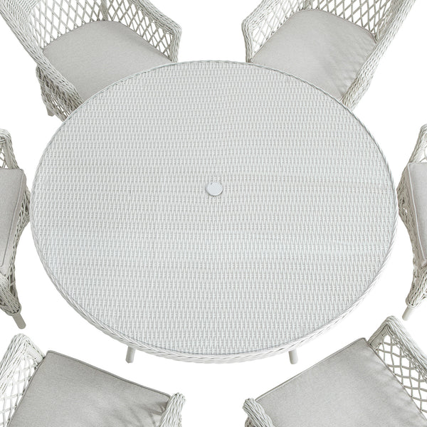 Willowbrook Lattice Weave Rattan 6 - Seater Round Dining Set, White - daals