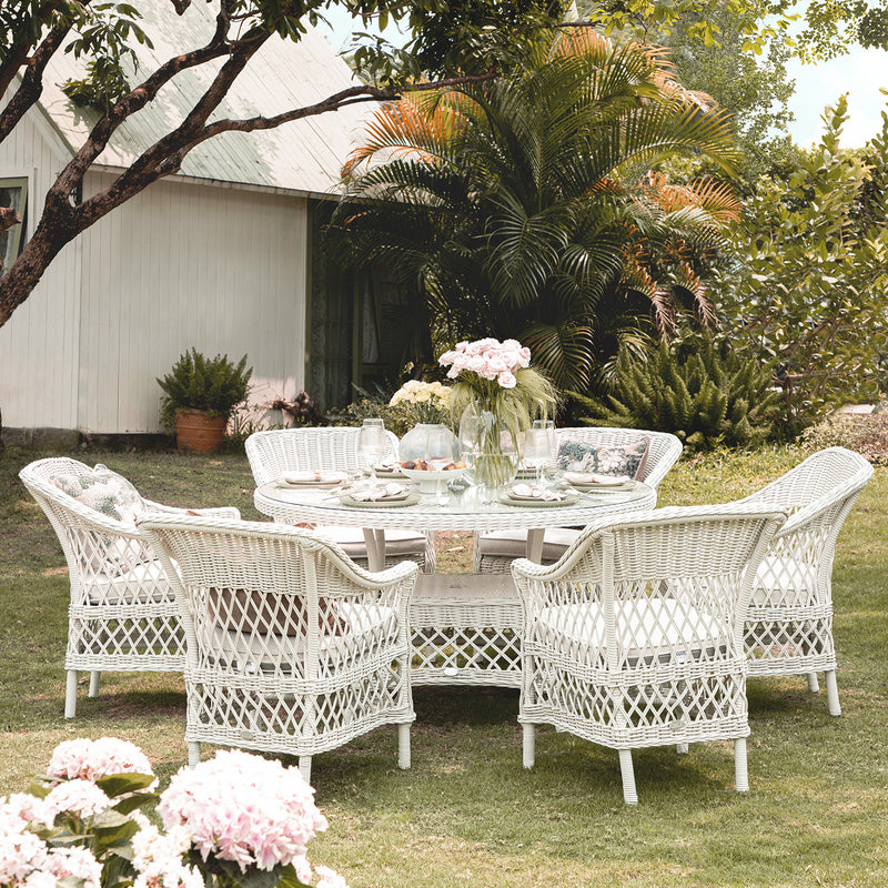 Willowbrook Lattice Weave Rattan 6 - Seater Round Dining Set, White - daals