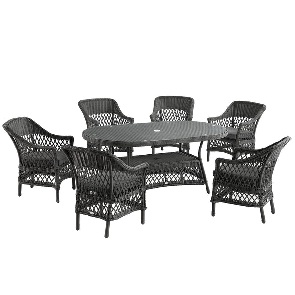 Willowbrook Lattice Weave Rattan 6 - Seater Oval Dining Set, Dark Grey - daals