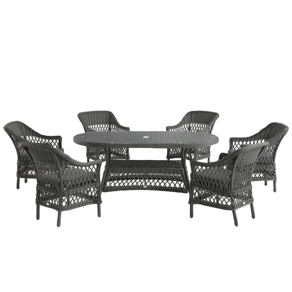 Willowbrook Lattice Weave Rattan 6-Seater Oval Dining Set, Dark Grey