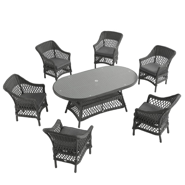 Willowbrook Lattice Weave Rattan 6-Seater Oval Dining Set, Dark Grey
