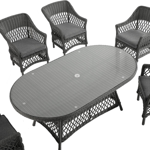 Willowbrook Lattice Weave Rattan 6-Seater Oval Dining Set, Dark Grey