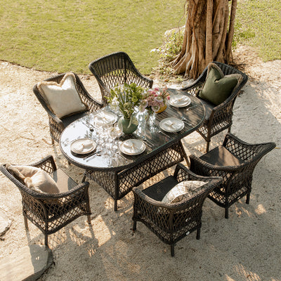 Willowbrook Lattice Weave Rattan 6-Seater Oval Dining Set, Dark Grey