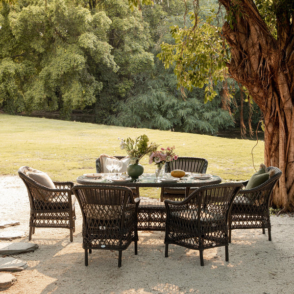 Willowbrook Lattice Weave Rattan 6 - Seater Oval Dining Set, Dark Grey - daals