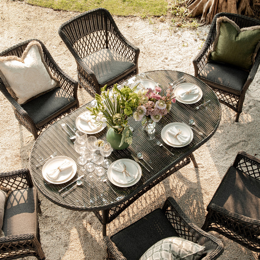 Willowbrook Lattice Weave Rattan 6-Seater Oval Dining Set, Dark Grey