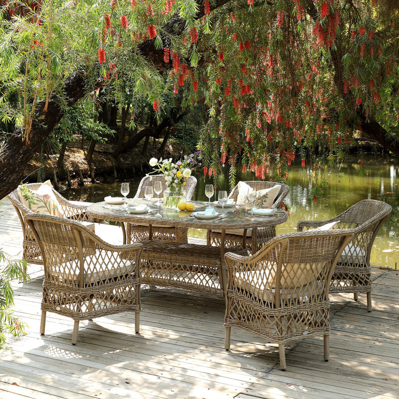 Willowbrook Lattice Weave Rattan 6-Seater Oval Dining Set, Natural