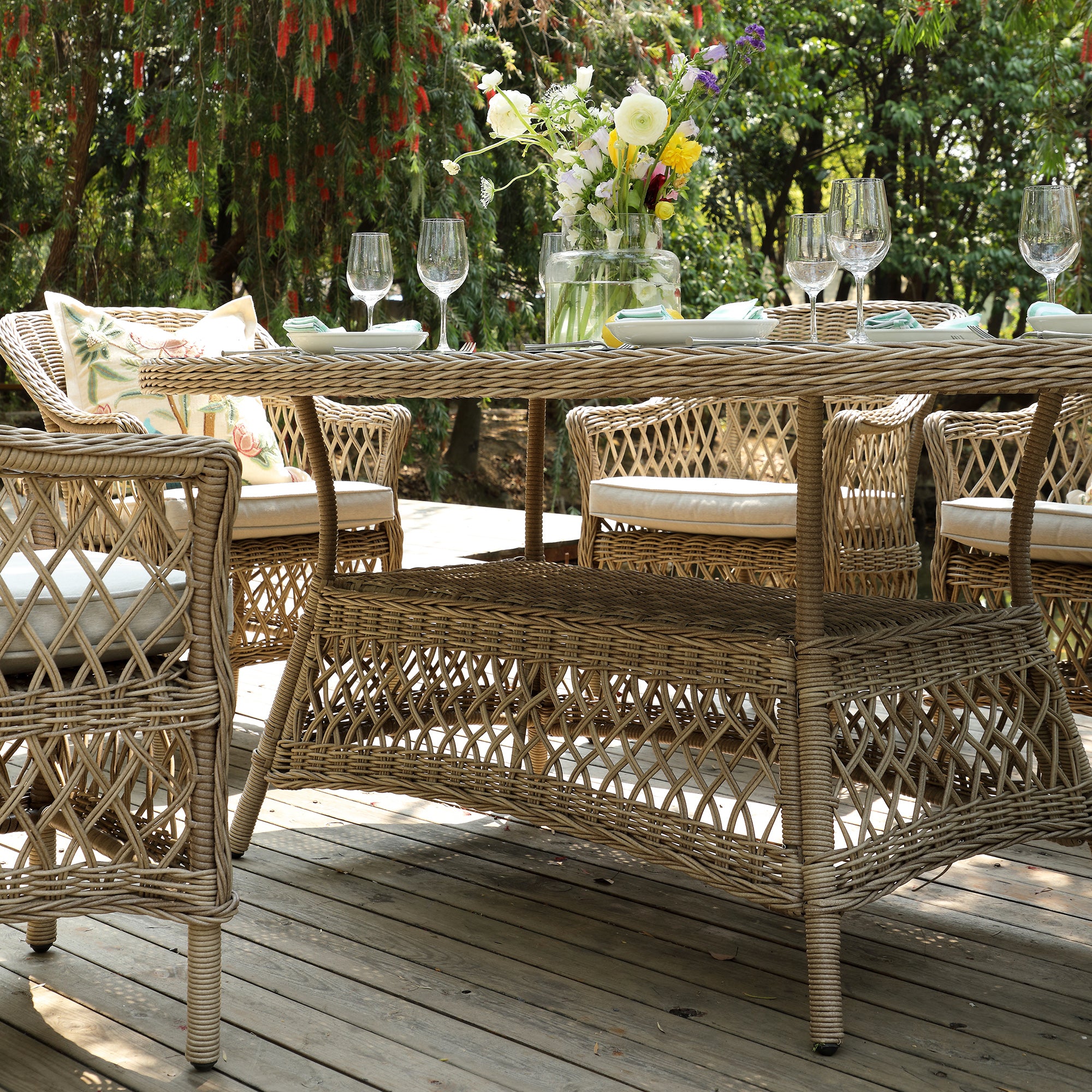 Cream Rattan Dining Set Willowbrook Lattice Weave Rattan 6-Seater Oval Dining Set, Natural | daals