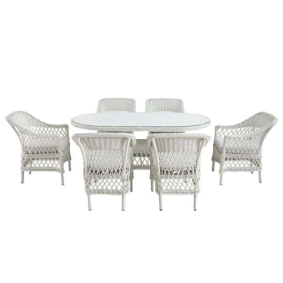 Willowbrook Lattice Weave Rattan 6-Seater Oval Dining Set, White