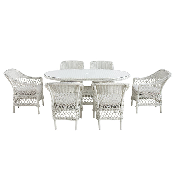 Willowbrook Lattice Weave Rattan 6 - Seater Oval Dining Set, White - daals