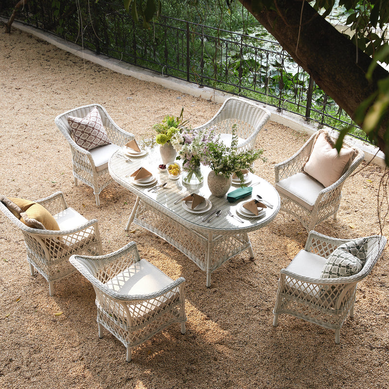 Willowbrook Lattice Weave Rattan 6 - Seater Oval Dining Set, White - daals