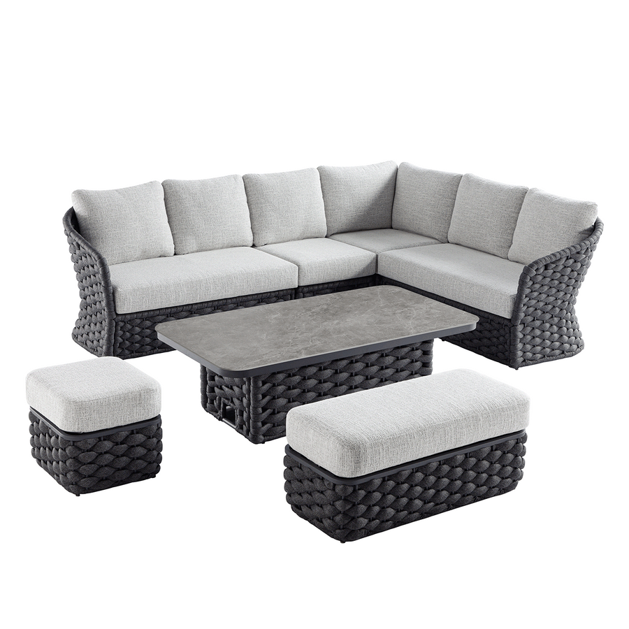 Positano Wide Rope Large Corner Casual Dining Set | Rising Table, Grey