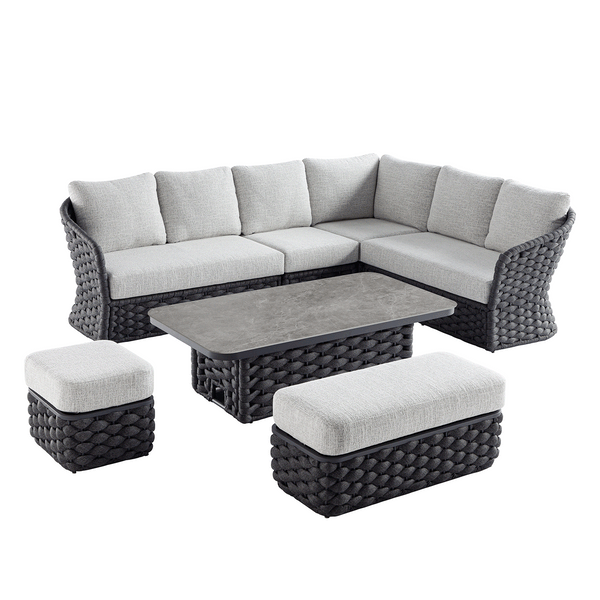 Positano Wide Rope Large Corner Casual Dining Set | Rising Table, Grey