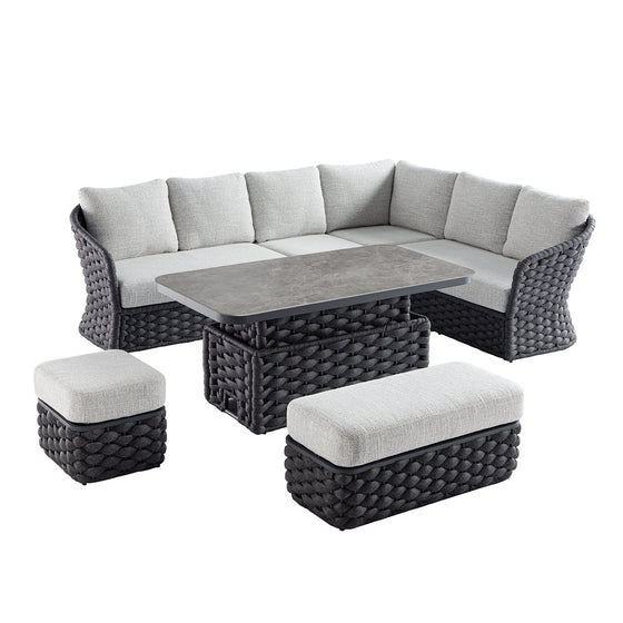 Positano Wide Rope Large Corner Casual Dining Set | Rising Table, Grey