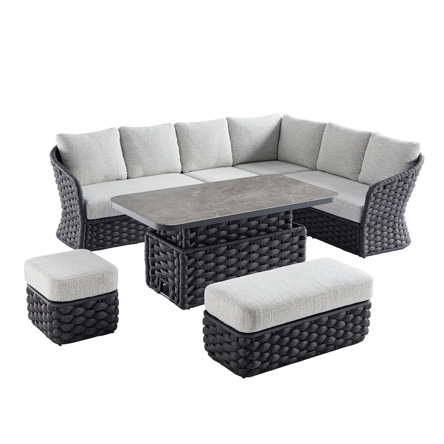 Positano Wide Rope Large Corner Casual Dining Set | Rising Table, Grey