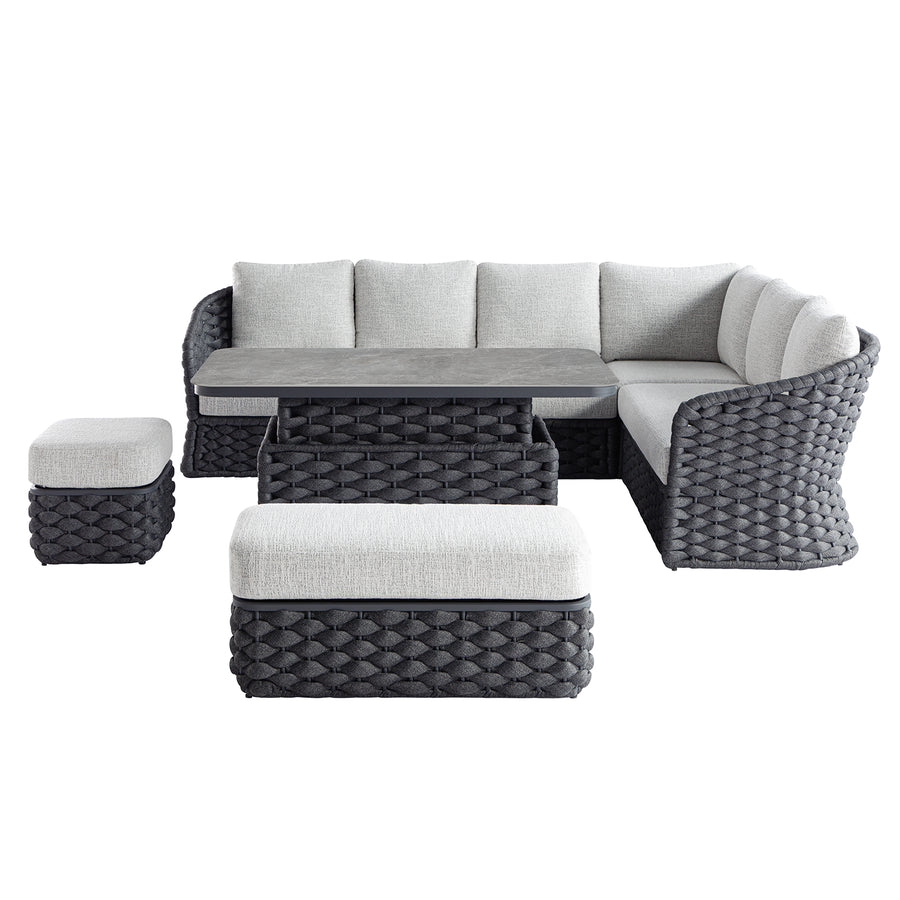 Positano Wide Rope Large Corner Casual Dining Set | Rising Table, Grey