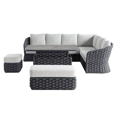 Positano Wide Rope Large Corner Casual Dining Set | Rising Table, Grey