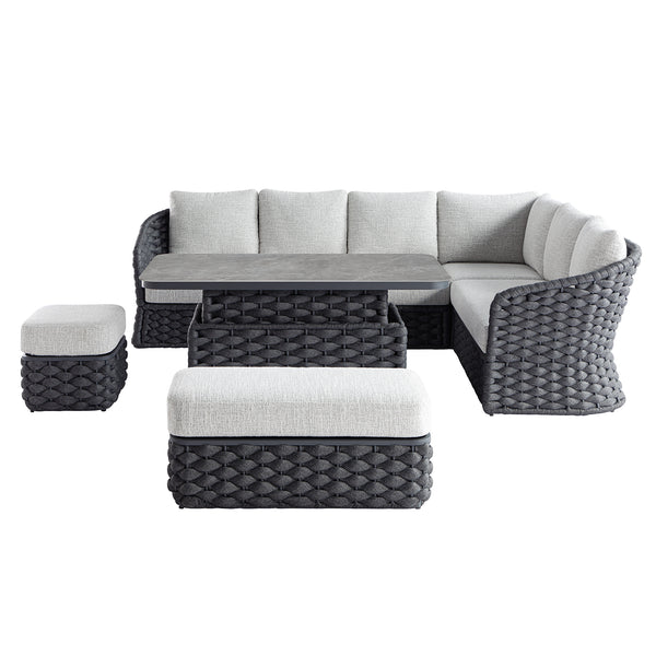 Positano Wide Rope Large Corner Casual Dining Set | Rising Table, Grey - daals