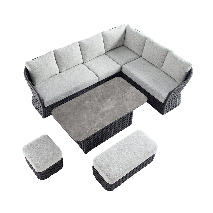 Positano Wide Rope Large Corner Casual Dining Set | Rising Table, Grey