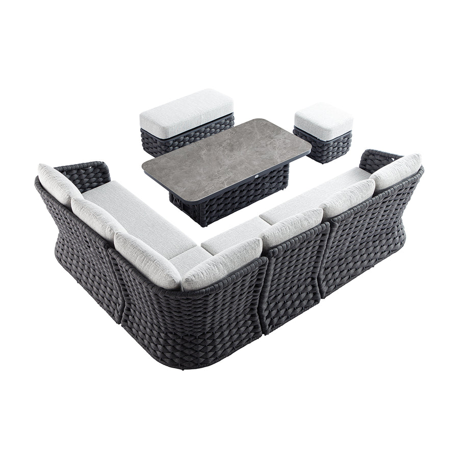 Positano Wide Rope Large Corner Casual Dining Set | Rising Table, Grey