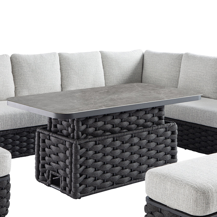 Positano Wide Rope Large Corner Casual Dining Set | Rising Table, Grey