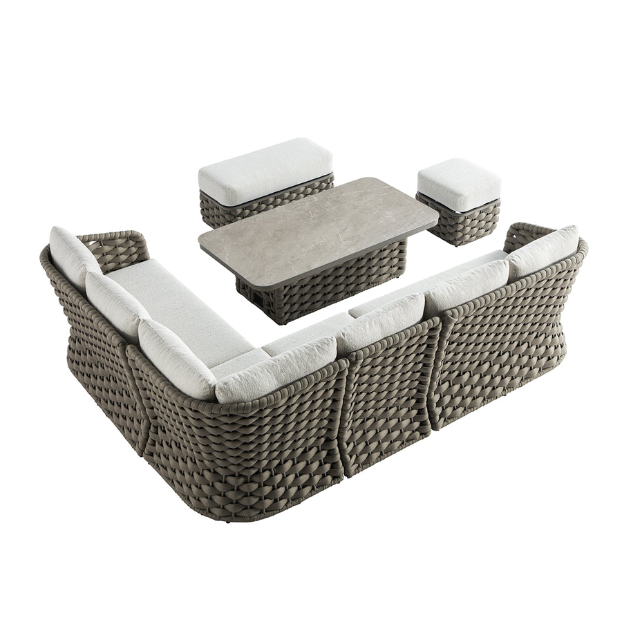 Positano Wide Rope Large Corner Casual Dining Set | Rising Table, Taupe