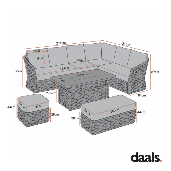 Positano Wide Rope Large Corner Casual Dining Set | Firepit Table, Grey