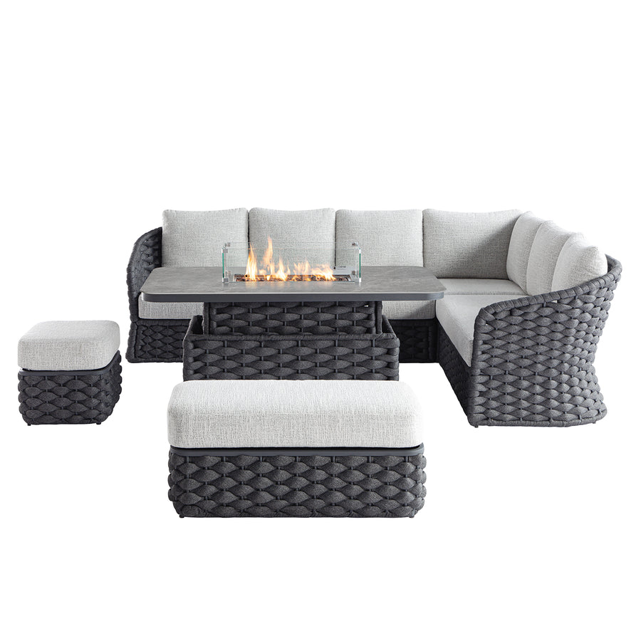 Positano Wide Rope Large Corner Casual Dining Set | Firepit Table, Grey