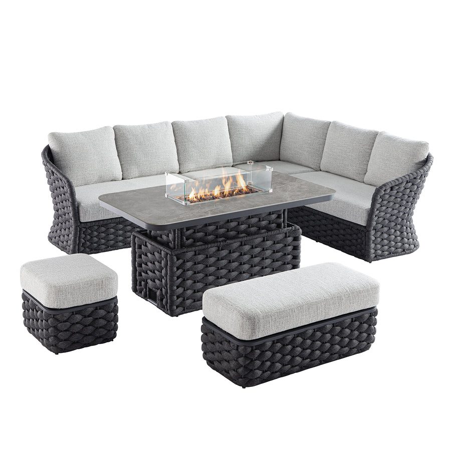 Positano Wide Rope Large Corner Casual Dining Set | Firepit Table, Grey