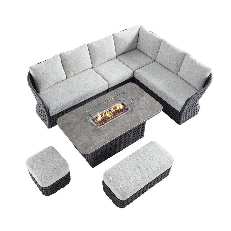 Positano Wide Rope Large Corner Casual Dining Set | Firepit Table, Grey