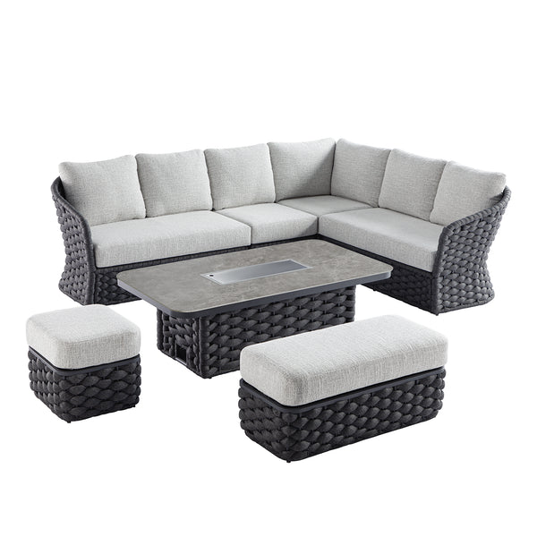 Positano Wide Rope Large Corner Casual Dining Set | Firepit Table, Grey - daals