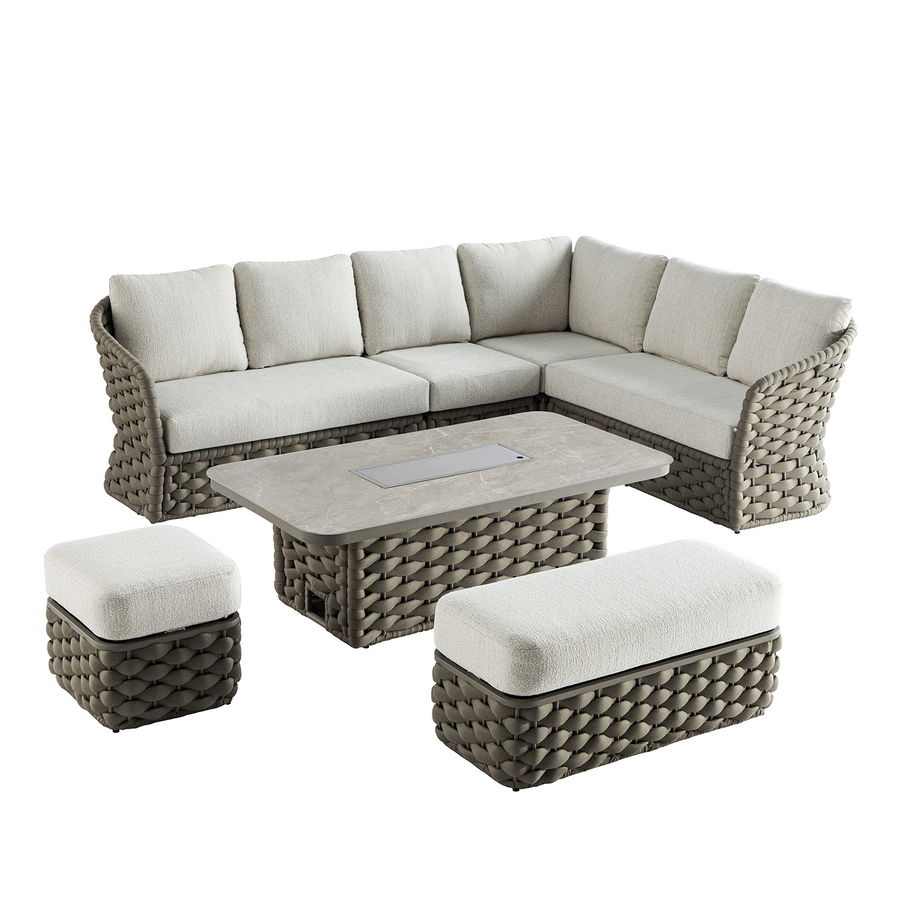 Positano Wide Rope Large Corner Casual Dining Set | Firepit Table, Taupe