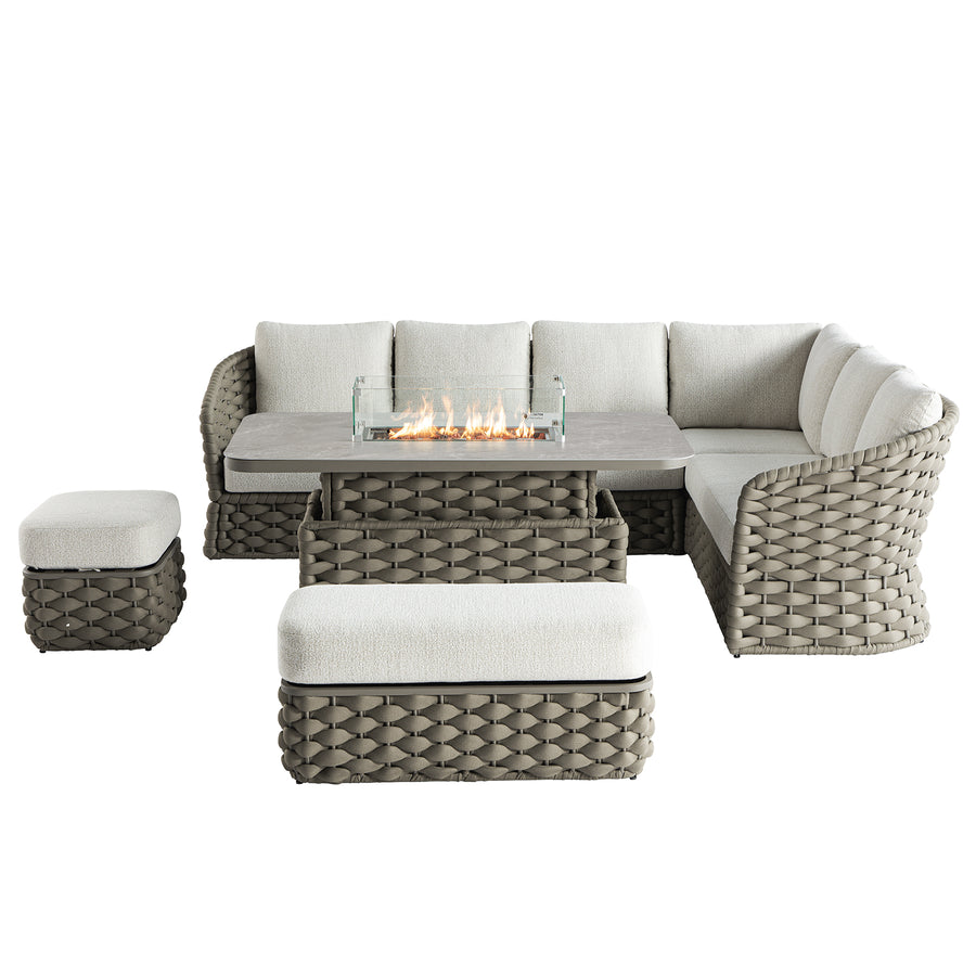 Positano Wide Rope Large Corner Casual Dining Set | Firepit Table, Taupe