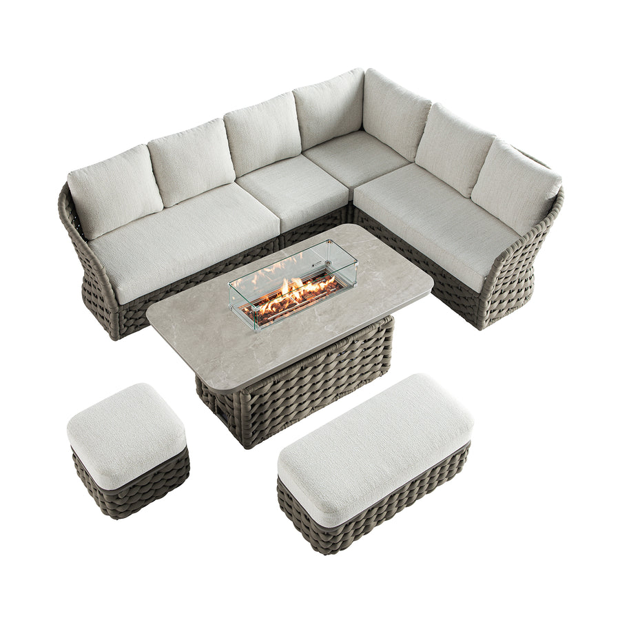 Positano Wide Rope Large Corner Casual Dining Set | Firepit Table, Taupe