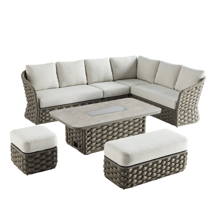 Positano Wide Rope Large Corner Casual Dining Set | Firepit Table, Taupe