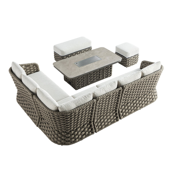 Positano Wide Rope Large Corner Casual Dining Set | Firepit Table, Taupe - daals