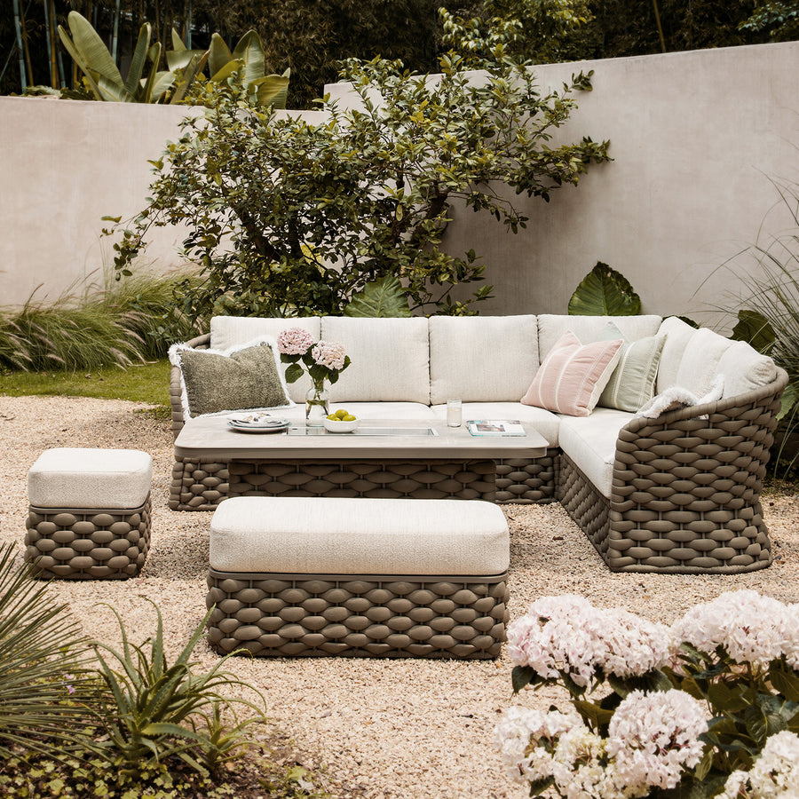 Positano Wide Rope Large Corner Casual Dining Set | Firepit Table, Taupe