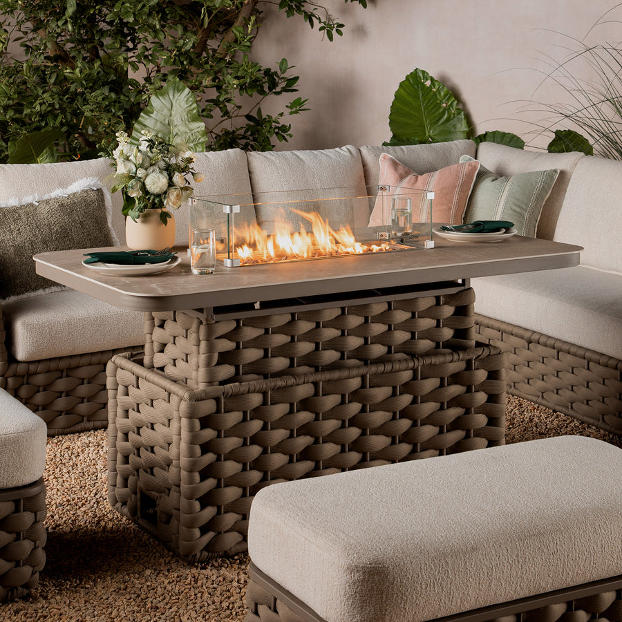 Positano Wide Rope Large Corner Casual Dining Set | Firepit Table, Taupe