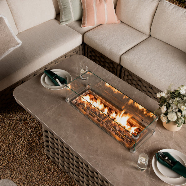 Positano Wide Rope Large Corner Casual Dining Set | Firepit Table, Taupe - daals